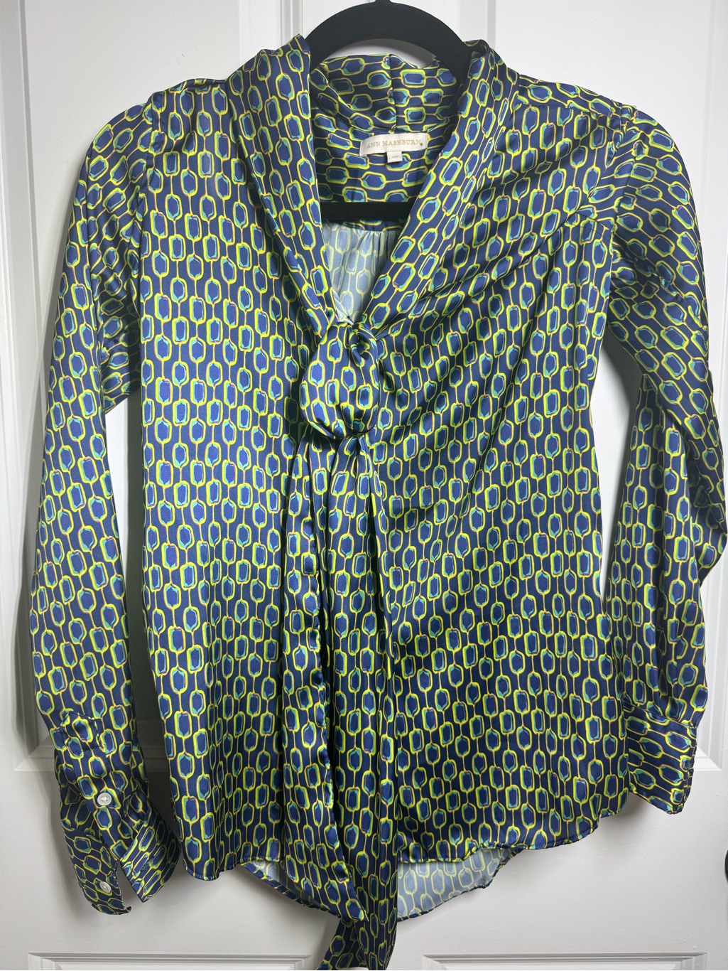 Ann Mashburn Geometric Tie Neck Blouse Xs Blue Green Retro Print Satin Feel